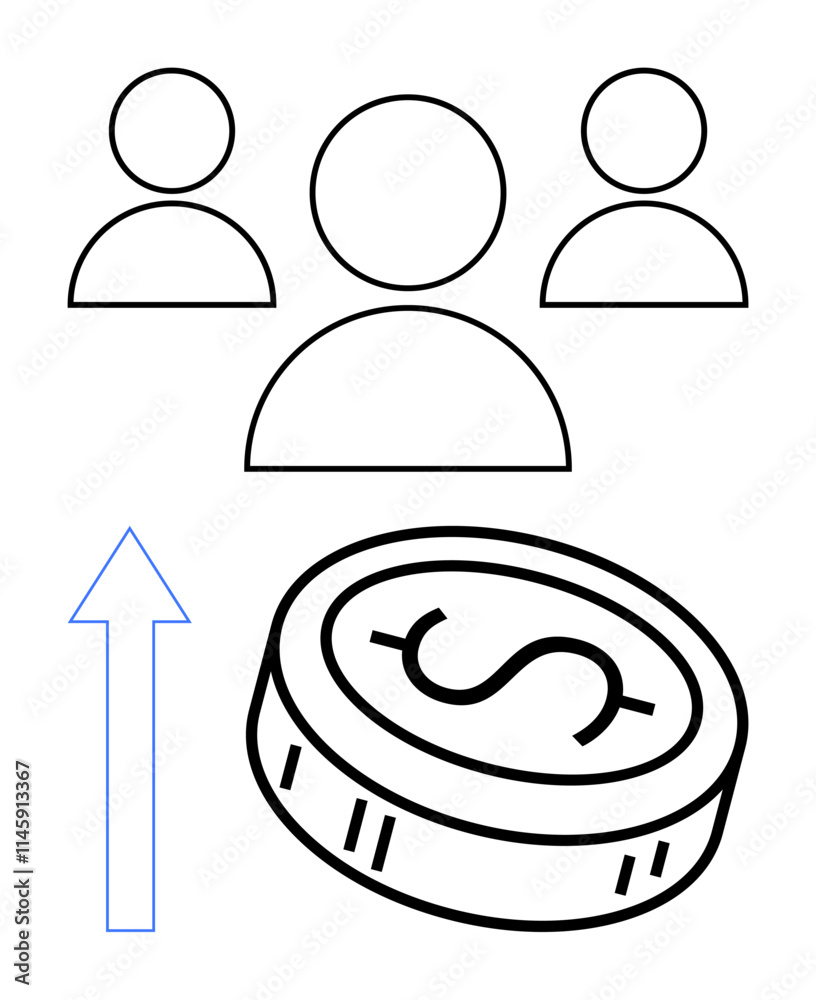 Group of people represented by three figures above a large dollar coin beside an upward blue arrow. Ideal for financial growth, team effort, investment, business success, profit increase, economic