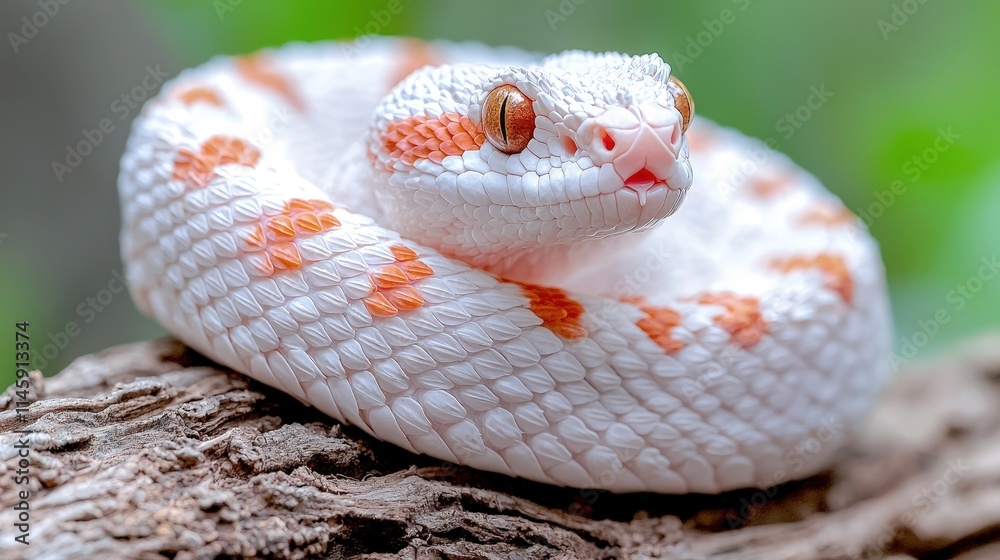 Fototapeta premium Close-up of a white snake with orange markings coiled on a log.