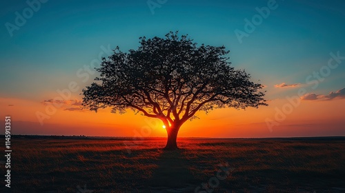 Majestic Silhouette of a Tree Against a Vibrant Sunset Sky Over a Serene Landscape, Capturing Nature's Beauty and Tranquility in Golden Hour Light