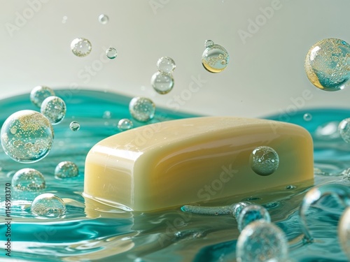 Splashing Soap Bar with Bubbles in Aqua Blue photo