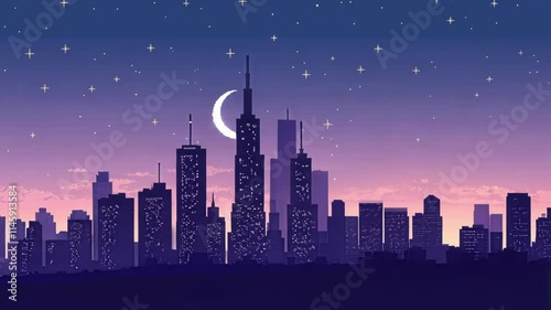Celestial Overlook A pixelated city skyline silhouetted against a gradient of deep indigo and purple with ling stars tered throughout the sky and a crescent moon glowing softly