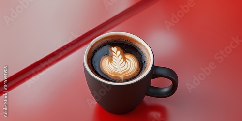 Top View of Black Coffee in Black Mug on Vibrant Red Surface photo