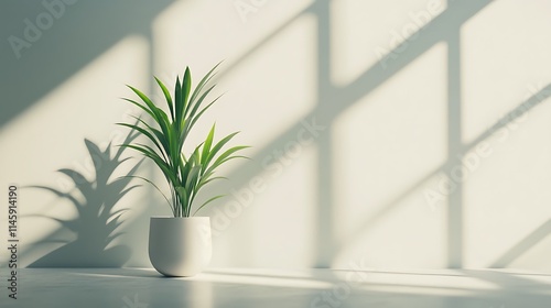 A potted plant casts shadows on a white wall in sunlight.