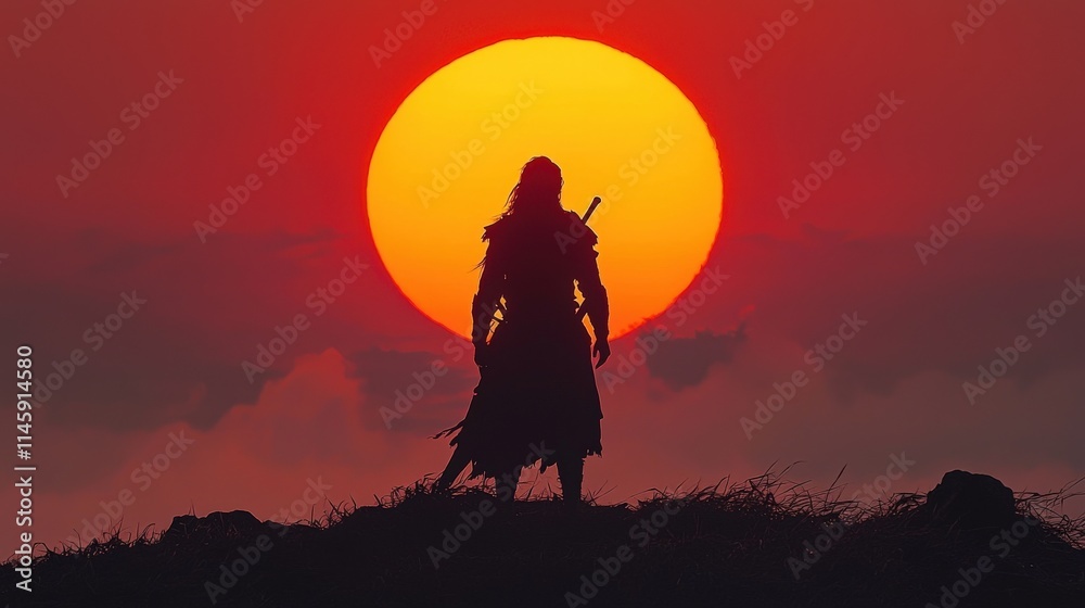 A silhouette of a warrior standing against a vibrant sunset, embodying strength and determination in a dramatic landscape. A silhouette of a warrior standing against a vibrant sunset, embodying strength and determination in a dramatic landscape.