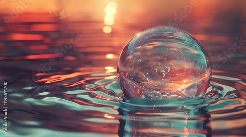 3d rendering of a transparent liquid bubble containing molecules floating on a light blue water background, perfect for skincare and cosmetic essence concepts