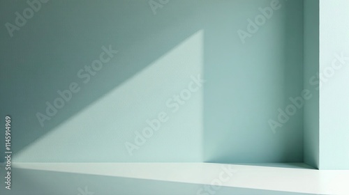 Serene Minimalist Interior Corner with Sunlight Shadows on Pale Green Walls and a Clean White Floor