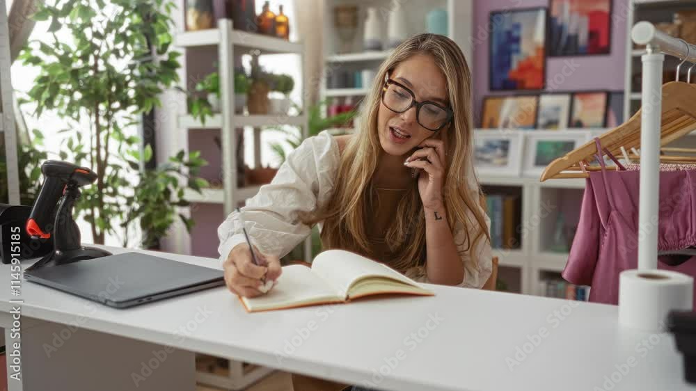 Blonde woman writing in a notebook while talking on the phone in a home decor shop with shelves of decorations and plants in the background Blonde woman writing in a notebook while talking on the phone in a home decor shop with shelves of decorations and plants in the background