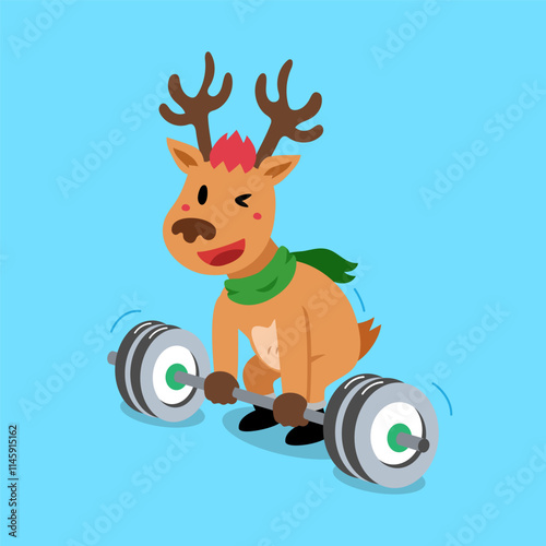 Cartoon vector christmas character reindeer doing barbells weight training for design.