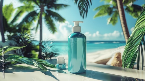 Close-up of sunscreen and aftersun lotion set on white table in tropical beach summer essentials photography