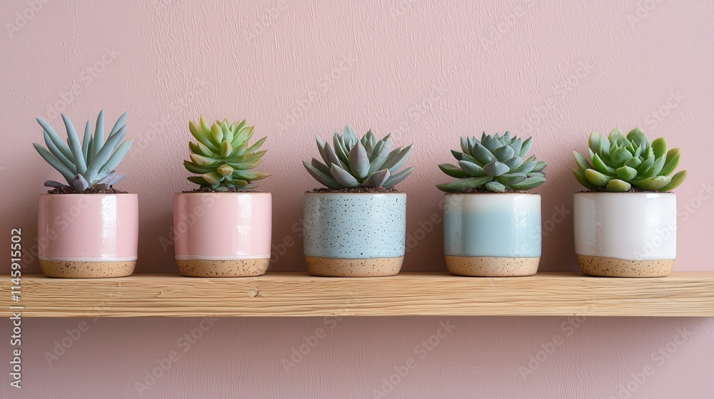Charming pastel ceramic plant pots displaying succulents home decor interior shelf view serenity and style Charming pastel ceramic plant pots displaying succulents home decor interior shelf view serenity and style