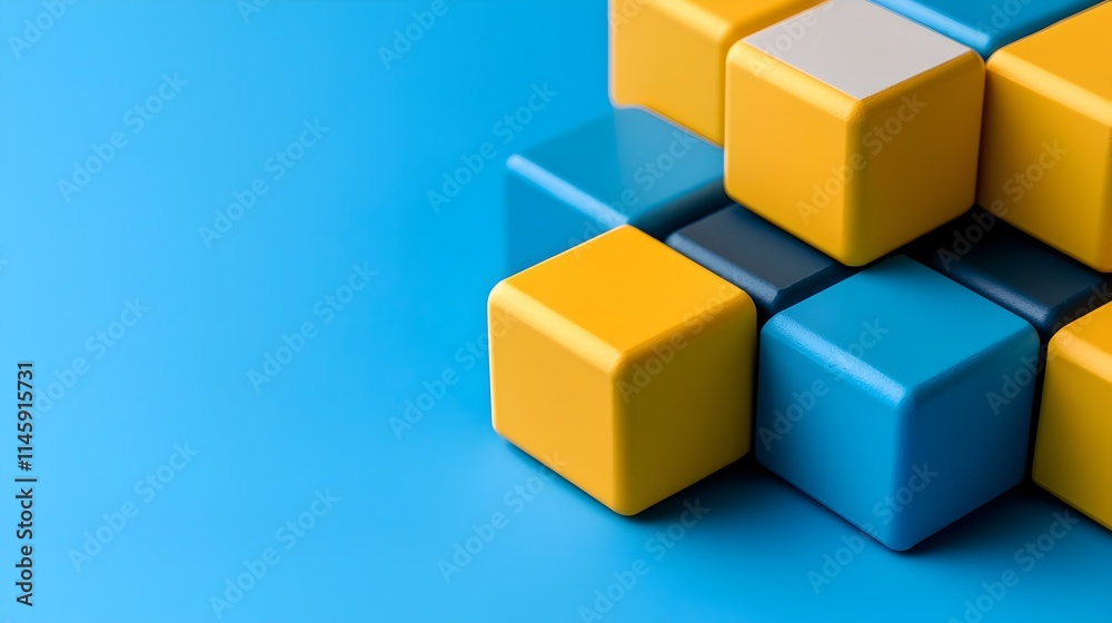 Colorful Building Blocks Stacked on Bright Blue Background Colorful Building Blocks Stacked on Bright Blue Background