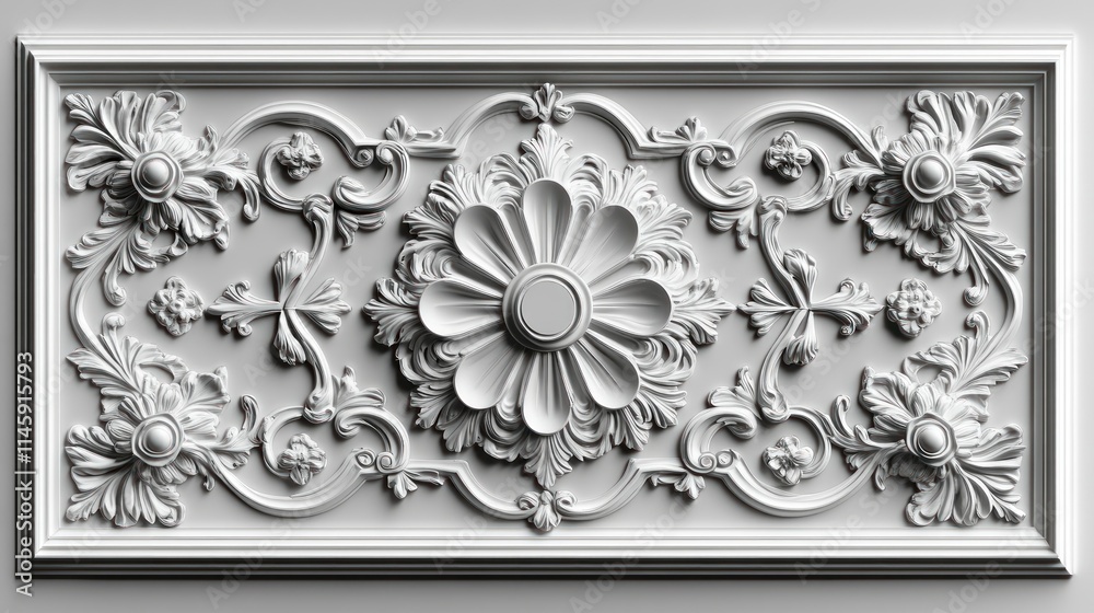 Elegant White Baroque Design Panel: Intricate Floral Ornamentation Elegant White Baroque Design Panel: Intricate Floral Ornamentation