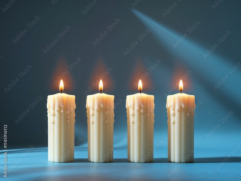 Four candles are lit in a row on a blue background Four candles are lit in a row on a blue background