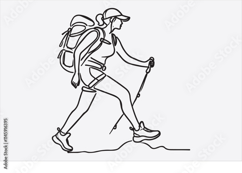 A single line drawing of a woman hiking