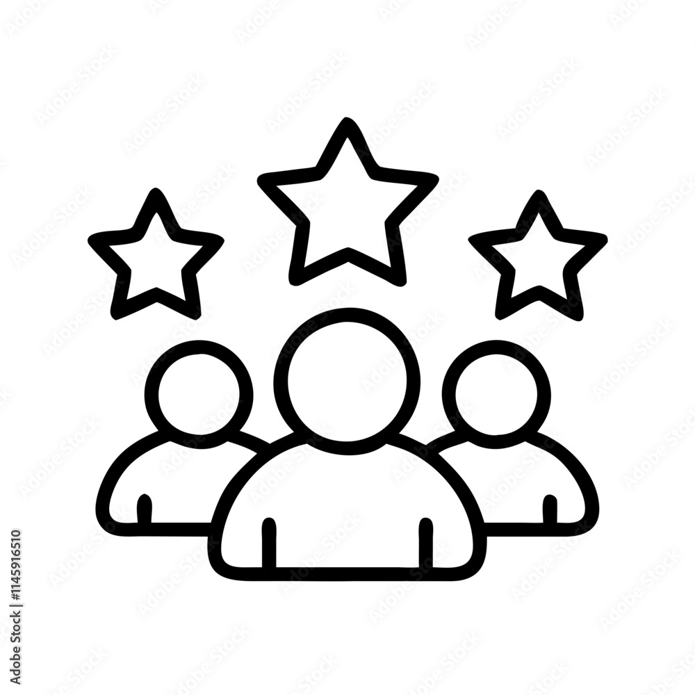 Icon symbolizing team experience and ratings, featuring three figures with stars above them Icon symbolizing team experience and ratings, featuring three figures with stars above them