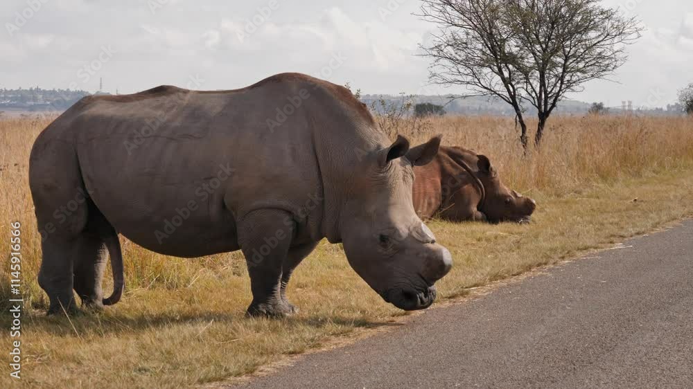 Close up of excited White Rhino bull in nature. Static Close up of excited White Rhino bull in nature. Static