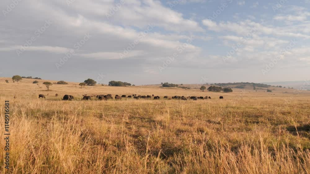 Herd of Cape Buffalo grazing calmly under sky with wide clouds. Static Herd of Cape Buffalo grazing calmly under sky with wide clouds. Static