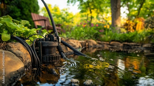 Durable submersible water pump installation for garden pond outdoor residential area equipment natural setting close-up view