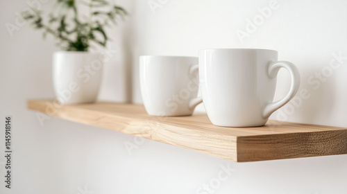 White ceramic mugs displayed on a wooden shelf above a small green plant against a light wall