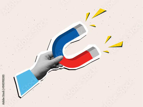 A hand holding a magnet. Trendy collage style. Vector illustration