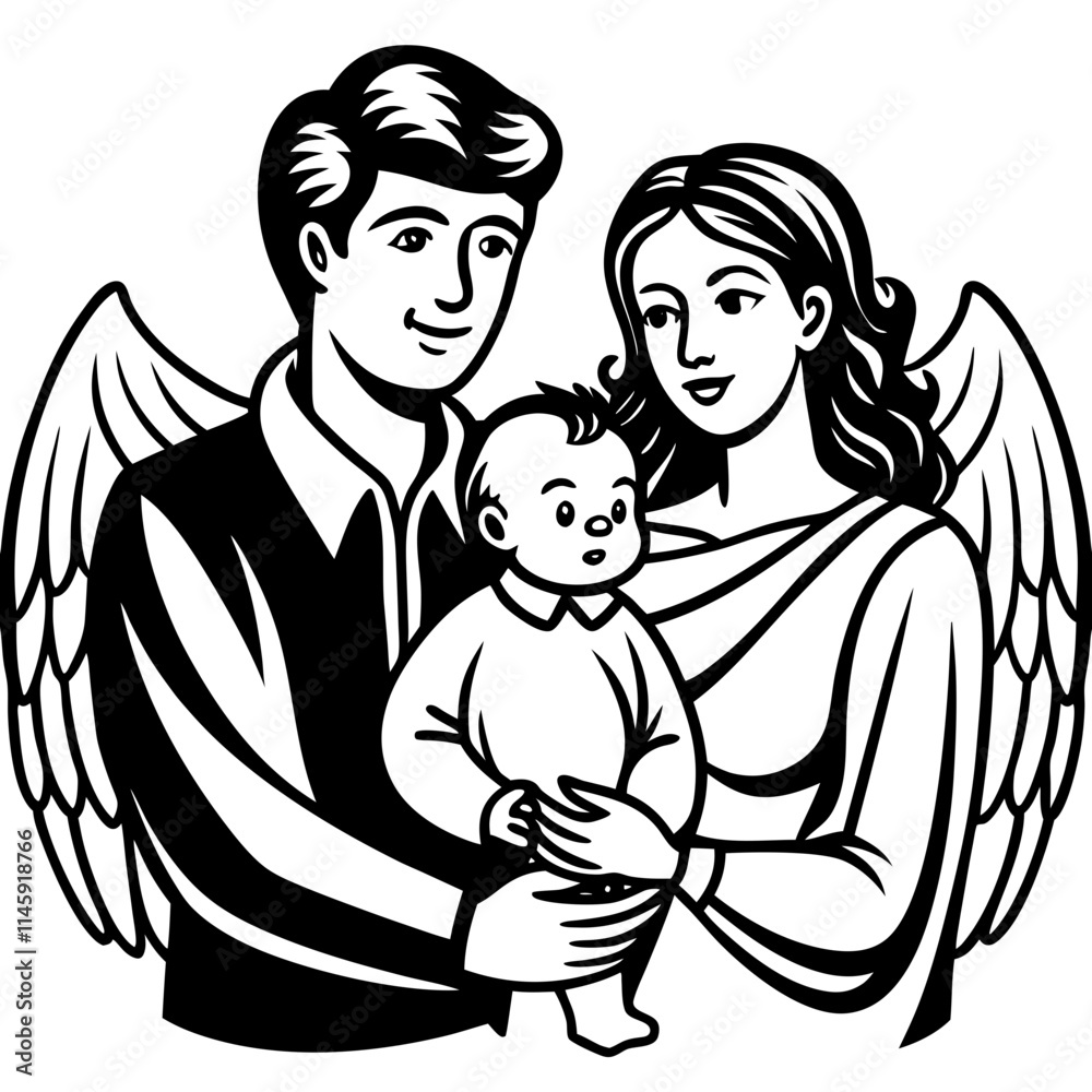 Graceful Family with Angel Wings Illustration - Black and White Religious Artwork Graceful Family with Angel Wings Illustration - Black and White Religious Artwork
