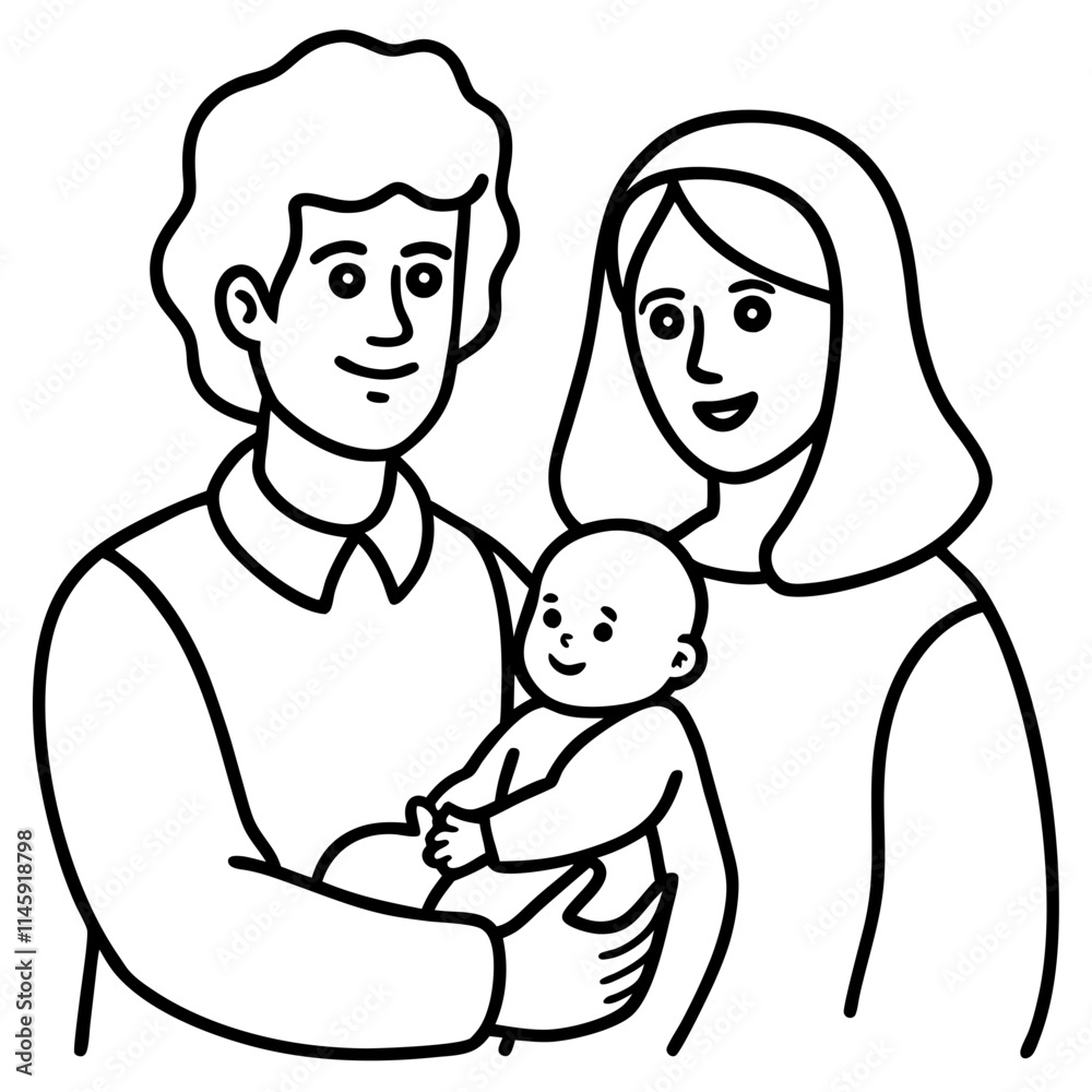 Happy Family Illustration - Black and White Cartoon of Parents with Baby Happy Family Illustration - Black and White Cartoon of Parents with Baby