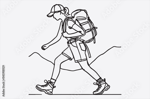 A single line drawing of a woman hiking