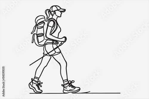 A single line drawing of a woman hiking