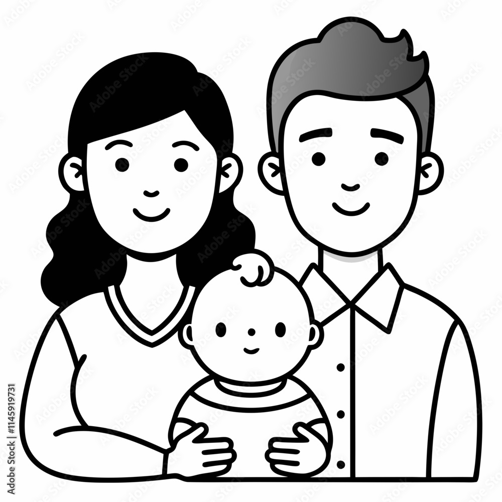 Happy Family Illustration - Black and White Cartoon of Parents with Baby Happy Family Illustration - Black and White Cartoon of Parents with Baby