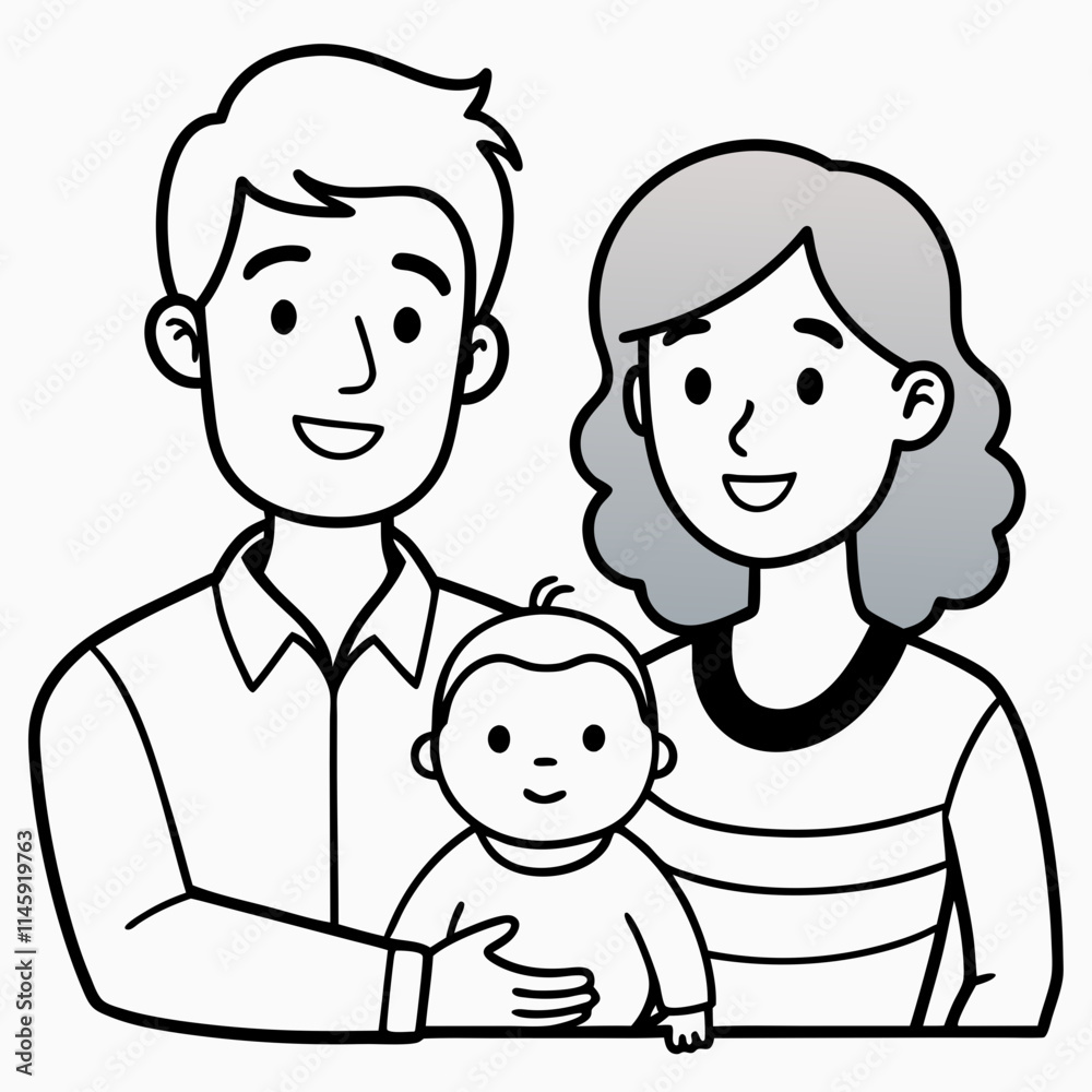 Happy Family Illustration - Black and White Cartoon of Parents with Baby Happy Family Illustration - Black and White Cartoon of Parents with Baby