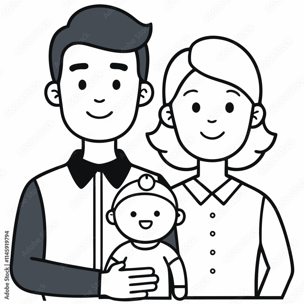 Happy Family Illustration - Black and White Cartoon of Parents with Baby Happy Family Illustration - Black and White Cartoon of Parents with Baby