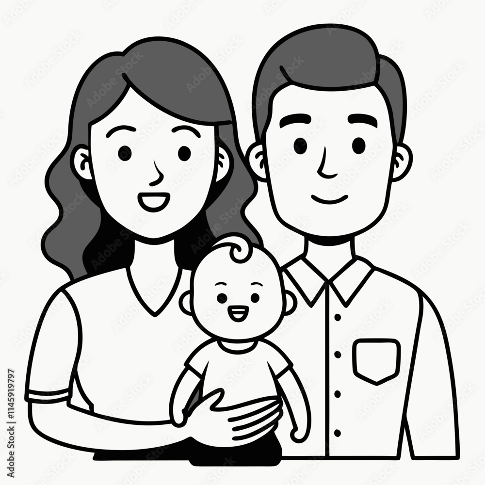Happy Family Illustration - Black and White Cartoon of Parents with Baby Happy Family Illustration - Black and White Cartoon of Parents with Baby