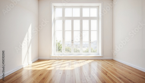Empty room with newly installed laminate flooring, bright natural light pouring through window, simple white walls