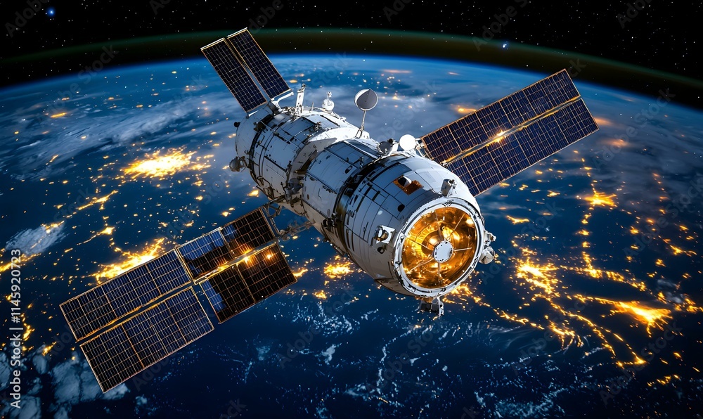 Spacecraft Orbiting Earth with Solar Panels and City Lights Below