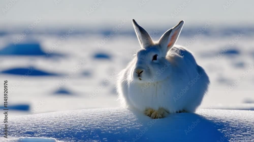 Arctic Hare animation high resolution cinematic Creative video, An arctic hare grazes on the snow, An arctic hare digs in the snow on a tundra in the Canadian Arctic