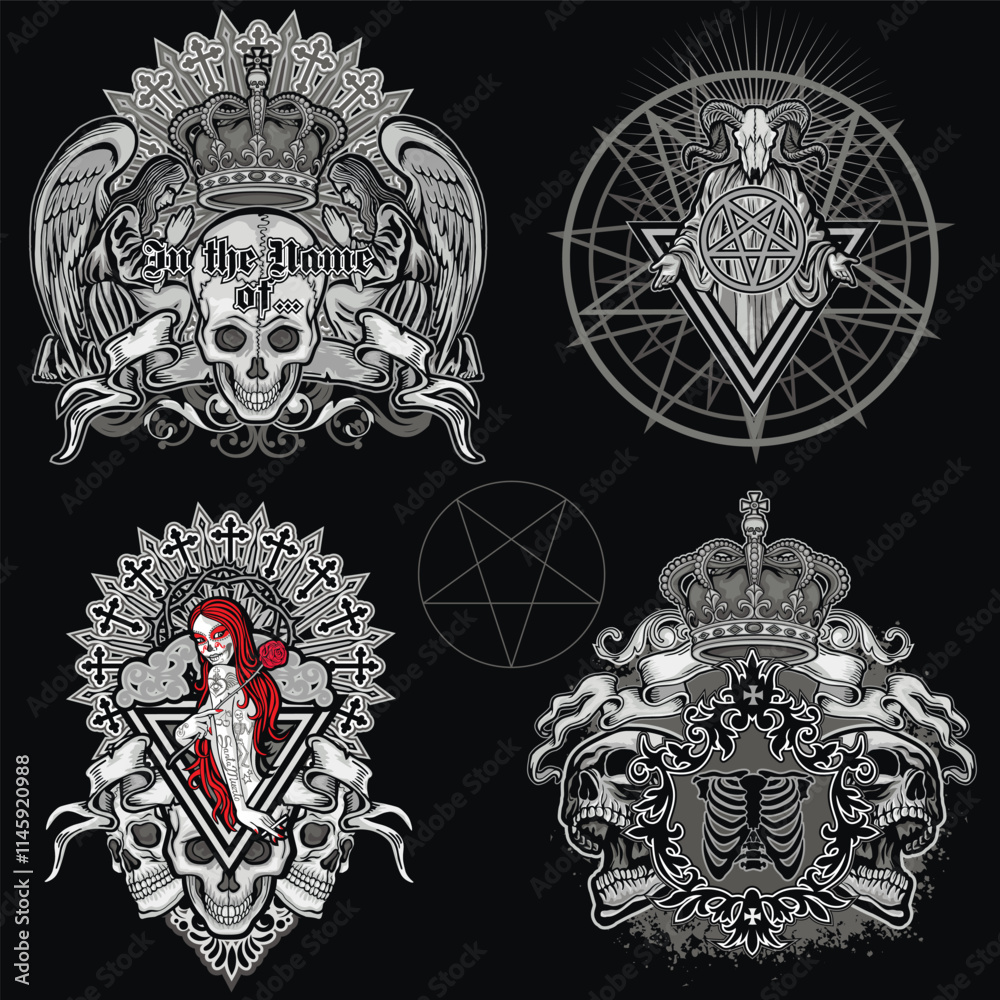 Obraz premium set, gothic sign with skull, grunge vintage design t shirts