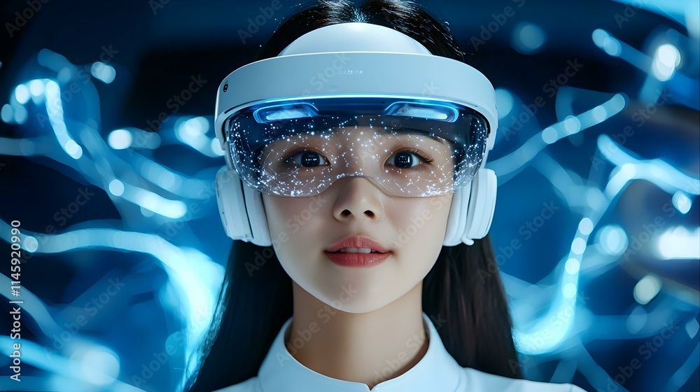 Young Woman Using Virtual Reality Headset in Futuristic Environment Young Woman Using Virtual Reality Headset in Futuristic Environment