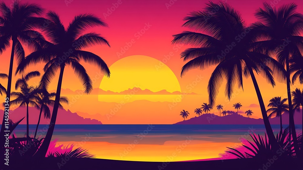 Fototapeta premium Vibrant sunset over tropical beach with palm trees silhouettes.