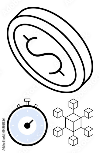 Dollar coin symbolizing value, stopwatch representing time, connected cubes illustrating complexity and organization. Ideal for finance, time management, blockchain, cryptocurrency, efficiency