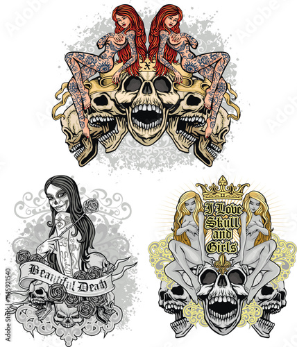 Set, gothic sign with skull and sexy tattooed girls, grunge vintage design t shirts