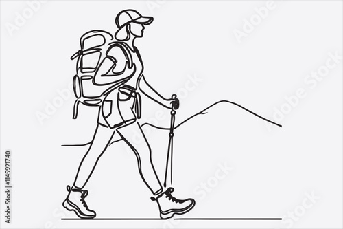 A single line drawing of a woman hiking