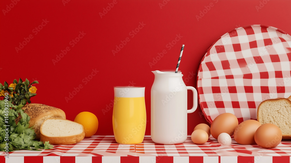 custom made wallpaper toronto digitalDelicious Breakfast Still Life with Milk, Juice, Bread, and Eggs on Red Gingham Tablecloth