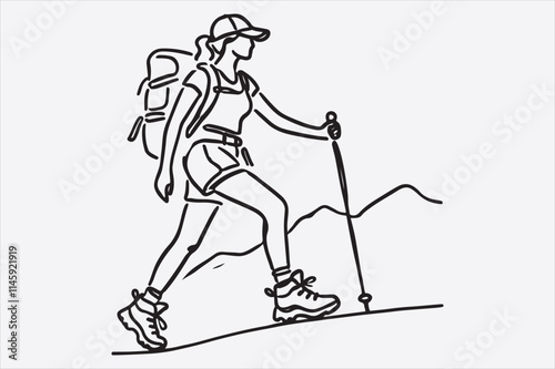 A single line drawing of a woman hiking