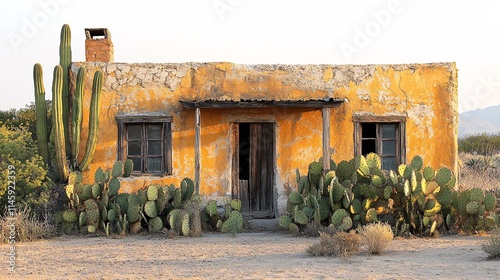 A dilapidated adobe house in Mexico, surrounded by cacti and desert sands, with eerie shadows cast by the setting sun