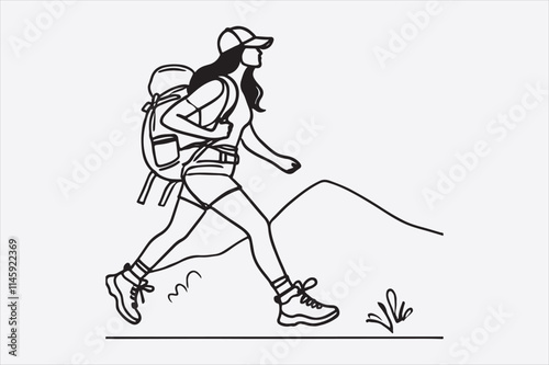 A single line drawing of a woman hiking