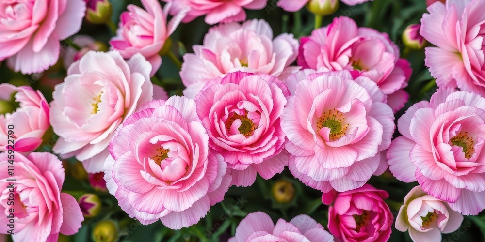 Obraz premium Beautiful pink and white ranunculus flowers in full bloom, showcasing delicate petals and vibrant colors, botanical, garden