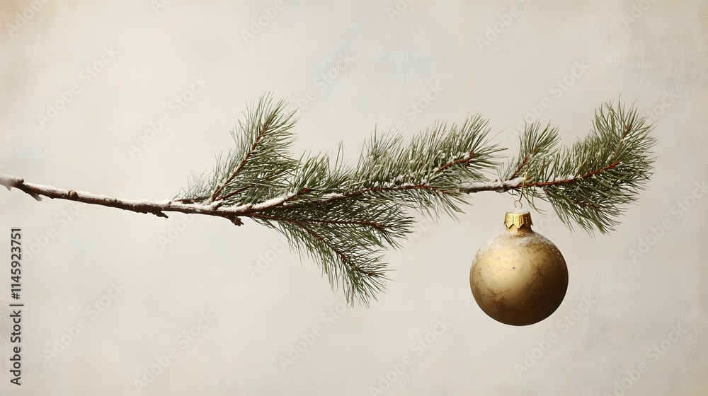 Snowy Pine Branch With Gold Christmas Ornament Snowy Pine Branch With Gold Christmas Ornament