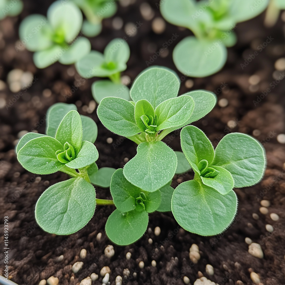 Close-up of fresh green seedlings in rich soil. Close-up of fresh green seedlings in rich soil.