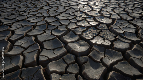 Cracked dry earth texture in dark tones for background design and copy space photo