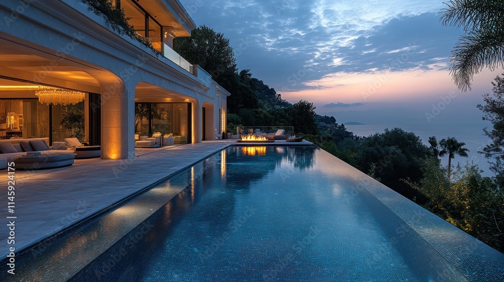 Fototapeta premium Luxurious oceanfront villa with infinity pool at sunset.